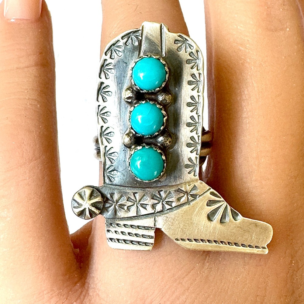 Navajo Cowboy Boot Ring Turquoise Sz 7 Sterling‎ Signed T Yazzie Native American